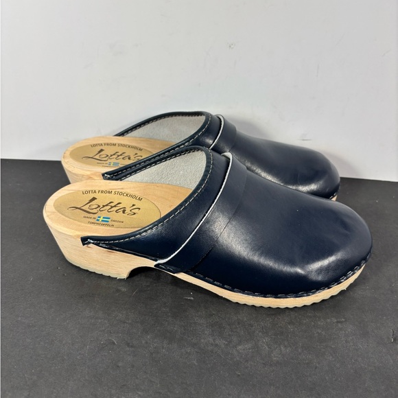 Scandi Lotta From Stockholm Navy Leather Wooden Clogs EU 42 US 11 - Picture 5 of 8